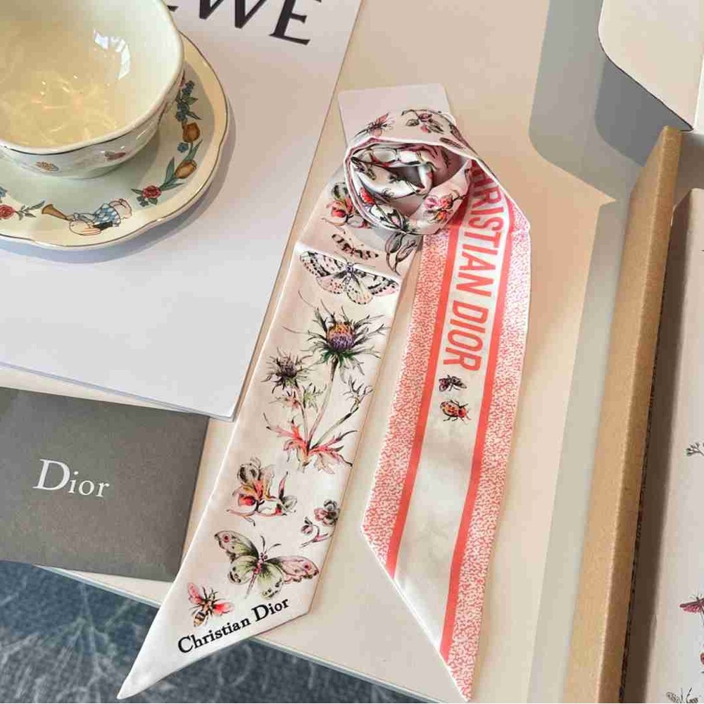 Christian Dior Butterfly Floral Silk Twilly Scarf Bandeau Pink White